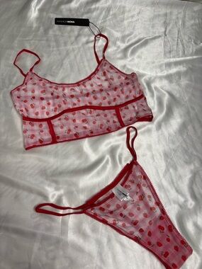 Fashion Nova Red Cherry Mesh Bralette & Thong Set - Sheer Cherry Print